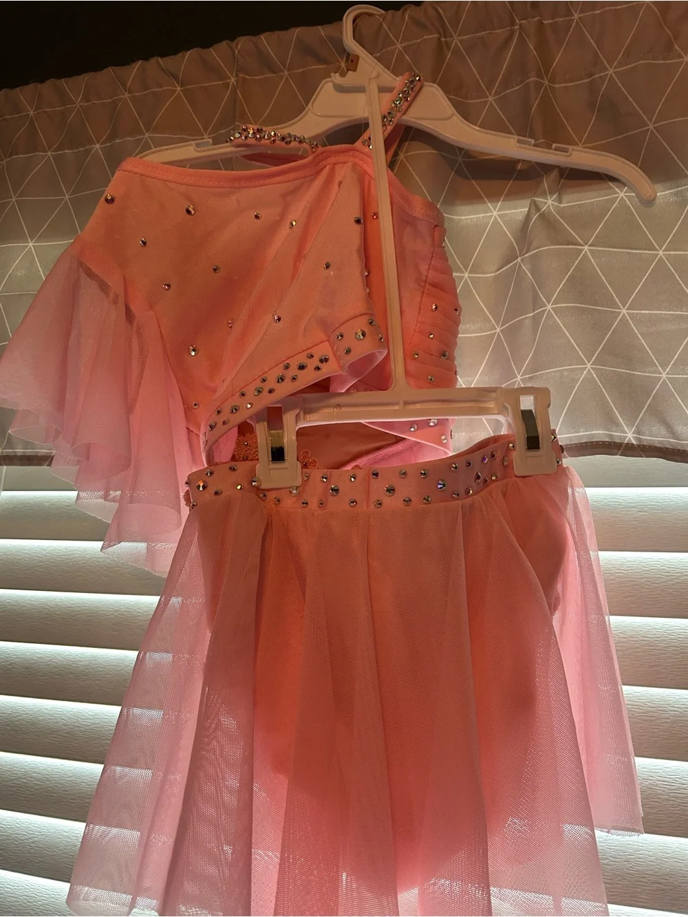 Pink Two-Piece Dance CUsTOME Costume with Draped Skirt fully rhinestoned